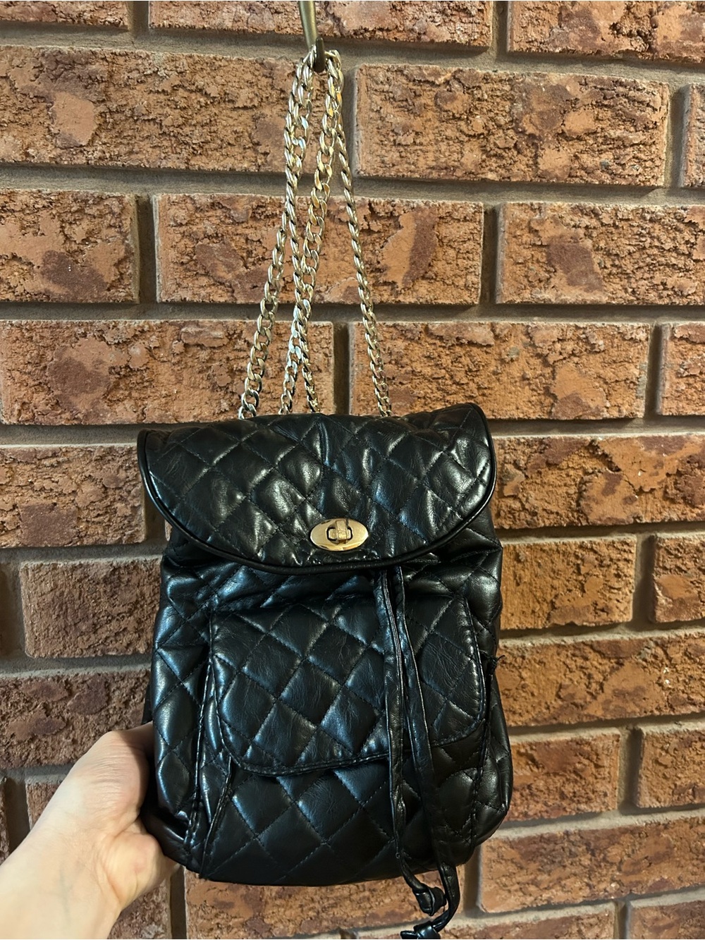 Quilted Black Leather Chain-Strap Backpack